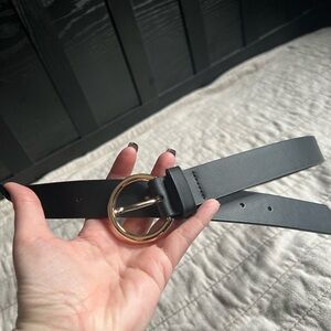 Black Leather Belt with Gold Round Buckle